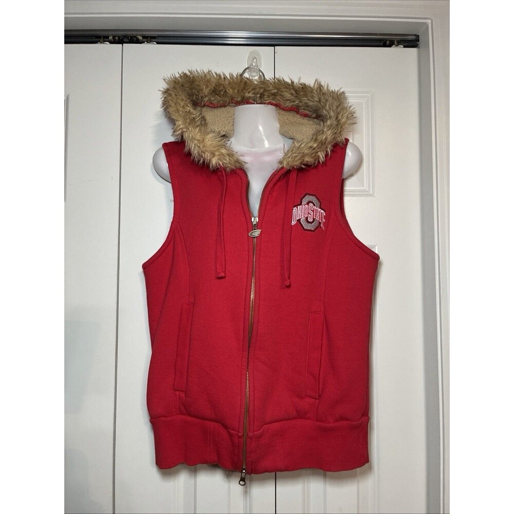 RARE Vintage Y2K Zip Up Ohio State Faux Fur Hooded Vest Back Embroidered Hit S